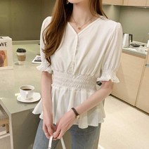 허리밴딩 프릴 블라우스 여성 데일리 오피스룩코디 데이트룩코디패 여행 지패션
