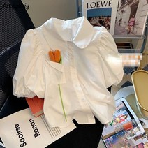 고급 수입 셔츠 여름 꽃 피터팬 칼라 퍼프 슬리브 러블리 스위트 스타일리시 올 매치 패션 핫 스타일 시크