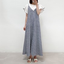 고방 체크 지지미 브이넥 끈나시 뷔스티에 롱 원피스 빅사이즈 임산부