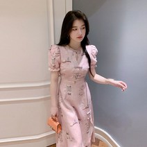 여름 미디치마 원피스 신 중국식 빈티지 매듭버튼 여성 2022 하이웨이스트 날씬해 보이는 무릎넘어 퍼프 4998338835