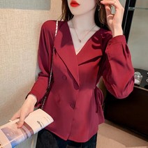 WZC 봄가을 남방 셔츠 무지 카라 더블버튼 스트링 슬림핏 빅사이즈 여성상의 4컬러 S~3XL