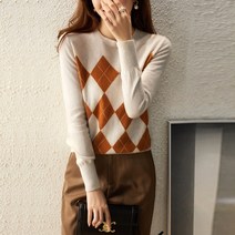 스타일아유 여성 캐시미어 느낌 라운드넥 아가일 니트 겨울니트 오버핏 니트 여자 스웨터 캐주얼