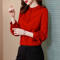 자주색긴팔셔츠 스탠딩카라 자수 누에실 중량 실크 버블 소매 이너 상의 와이드 루즈핏 와이셔츠 여성 4541428952