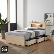 [2만원 즉시할인]장인가구 스텔라 LED 편백나무원목 3서랍 수납침대SS_매트별도, 내츄럴그레이
