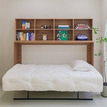 스마트 폴딩베드 월베드 1인용 공간활용 접이식침대 SS (본넬매트리스포함)+책장, 아카시아프레임