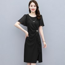 상견례옷차림 날씬해보이는 프릴 a라인 셔링 허리 블랙 트임 반팔 미디 고급 격식 모임 파티