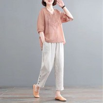여성 캐주얼 생활복 자수 반팔 티 바지 한벌 세트 5N682