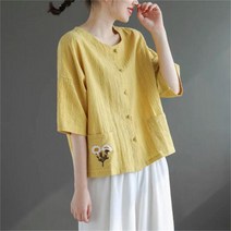 여름 여성 반팔티 라운드넥 셔츠 린넨 티셔츠 루즈핏