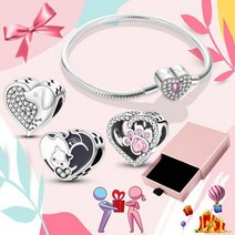 어버이날용돈박스 환갑용용돈박스 용돈상자 PAMELA plata de ley 925 스털링 실버 장식 매력 세트 고양이 개 거북이 하트 팔찌 눈 소녀 보석 비즈 핑크 선물 상자, 20cm, C048-C232-C255