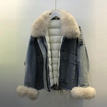 폭스퍼숏패딩 리얼 폭스 모피 칼라 2021 새로운 겨울 벨벳 두꺼운 데님 다운 재킷