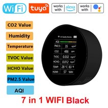 이산화탄소경보기Tuya-7 인 1 다기능 공기질 감지기 7 In PM2.5 TVOC CO2 HCHO 온도 습도 AQI 대기 질 모, 01 Tuya WiFi Black