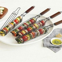 캠핑용화로대 바베큐 숯불 불멍 화로대 바구니 그릴 주방 악세사리 야외 요리 그물 꼬치 코팅되지 않은 철 광장 랙 로스터 용품, 붉은 나무 손잡이