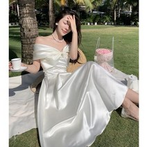 파티드레스 프렌치 새틴 오프숄더 생일 포멀 드레스 롱 평소에 입을 수 있는 튜브 탑 보우