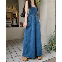 여성 빈티지 데님 멜빵 스커트 퍼 원피스 여름 루즈 롱스커트 롱스커트