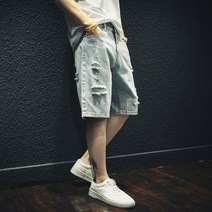 puildaug 깨진 데님 반바지 남성용 느슨한 겉옷 5 부 바지 대형 바지 바지 여름 얇은 바지