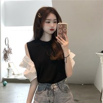 여름 드레스 스티칭 조커 시크한 작은 셔츠 반팔 티셔츠 여성 디자인 느낌 작은 거품 소매 속이 빈 어깨 노출 코트 조수