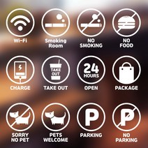 봉고차 매장 카페 픽토그램 스티커 (와이파이 흡연금지 외부음식반입금지 당기세요 CCTV 테이크아웃 노키즈존 등), 블랙-영문(반전없음)