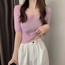 여성 반팔 라운드 크롭 니트티 Net red ins 슈퍼 핫 스웨터 여성용 아이스