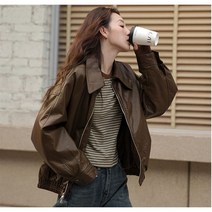 오버핏 카라 레더자켓 가죽 포켓 라이더 크롭 에코 브라운