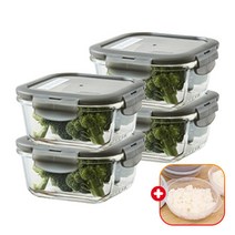 락앤락 오븐글라스 내열유리 밀폐용기 4개+가쯔1개 세트 냉장고/냉동실정리 전자렌지 반찬통 이유식/햇반 밥 보관 레인지, 정사각 500ml, 4개