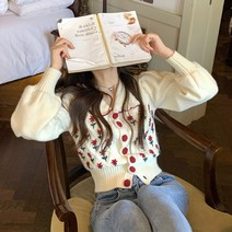 숄에리 플라워 자수 가디건 여성 가을 여성스러운 큐티 프렌치 시크 니트 카디건 블루종
