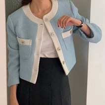 해리스 트위드 자켓 여자 결혼식 복장 상견례 옷차림 하객룩 우아하고 세련된 o넥 트위드 루즈핏 숏 코트