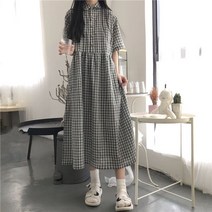 퐁순싸롱 체크 꽃 지지미 셔링 퍼프 셔츠 카라 롱 원피스 YJ