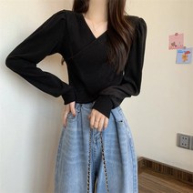오버클래쓰 여성 브이넥 심플 니트 루즈 티셔츠 데일리 기본 이너