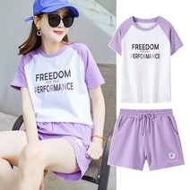 스타일아유 여자 프린팅 레트링 배색 트레이닝 세트 여름 반팔 반바지 상하의 밴딩 팬츠 여행룩 홈웨어 운동복 추리닝 편안한 데일리룩 홈웨어