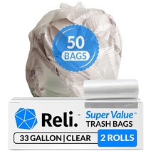 [미국산] Reli. 33갤런 쓰레기 봉투 (50 봉지) | 투명 재활용 가방 플라스틱 113.6L 이상 (32 갤런 - 33 갤런) 대형 캔 라이너 튼튼한 3 11.4L(Sup