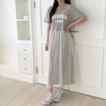 마린 샤 레이스 셔링 반팔 여름 롱 원피스