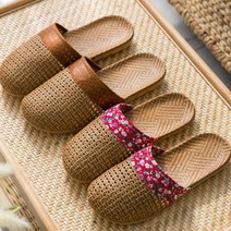 Jun Factory 통기성좋고 발이 편안한 등나무꽃패턴 왕골슬리퍼, 브라운, 1개