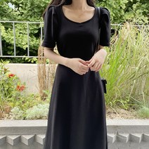 스퀘어 하트넥 퍼프소매 리본 롱 플레어 원피스