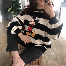 [비비애르][디즈니정품] 미키 배색 단가라 코튼 쭈리 긴팔 맨투맨 루즈핏 캐주얼룩