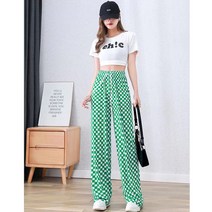 TAO 여성용 체커 밴딩 롱 팬츠 체크 패턴 밴딩 팬츠 넉넉 쿨 고체크 편한여름바지 밴딩팬츠 와이드 팬츠 4디자인