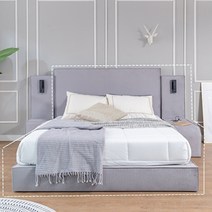 럭시 호텔형 패브릭 라지 퀸침대프레임＋패널1＋협탁B, 라이트그레이+크림