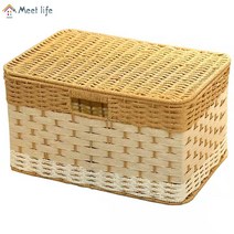 Meet life 리빙박스 라탄바구니 수납바구니 사각라탄바구니 미니 라탄바구니 손으로 뜨개질하다, 라지 사이즈, 베이지색