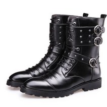 [해외]새로운 스타일 가을 겨울 펑크 부츠 남성 패션 마이크로 화이버 가죽 오토바이 부츠 블랙 빈티지 하이 탑 버클 부츠, 9, 검은 색