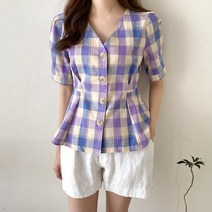 [바보사랑] 여자 봄 여름 데일리 배색 체크 퍼프 반팔 블라우스[옷자락]