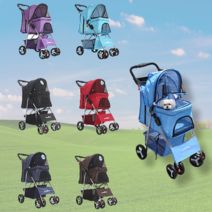 강아지 유모차 개모차 소형 접이식 폴딩 애견 트레일러 펫모차 경량 원터치 반려동물 반려차 개 고양이 웨건 중형견 소형견 펫 애완견 이동장 일체형 노령견 휴대용 캐리어 4륜 가방, 퍼플