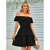 A라인 캐주얼 오프 숄더 나비 소매 프릴 원피스 여성 플리츠 비치 미니 단색
