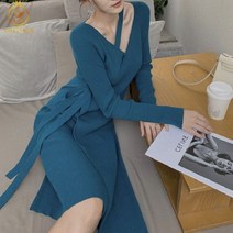 하객룩 정장원피스 하객원피스 빈티지 긴 소매 니트 비대칭 드레스 디자인 가을 겨울 패션 기질 레이스업