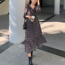 넷투넷코리아 여성 롱 원피스 브이넥 루즈 플라워 쉬폰 밴딩 a라인