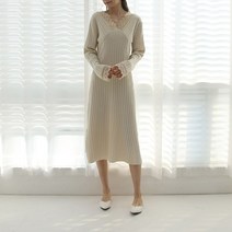 데이프릴 여성용 리샤벨 브이넥 레이스 골지 플레어 롱 원피스
