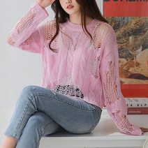 오오엘 여성용 비치 꽈 라운드 여름 그물 니트, 핑크