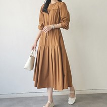 345 가을신상 여성 라운드넥 긴팔소매 바스락 셔링 허리 스트링 리본끈 밑단 주름 롱원피스 5color