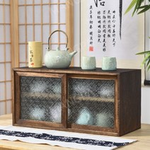 일본식 앤틱 원목 빈티지 그릇장 주방 수납장 그릇장식장 홈카페, 탄 오동나무 L-B(유리무늬1호)