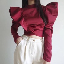 더퀸 파워퍼프 블라우스 / 사선프릴 퍼프소매 크롭 지퍼 언발란스