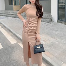 넷투넷코리아 여성 슬림핏 셔링 롱 원피스 긴팔 심플 무지 데일리룩