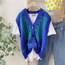 일리코 / 워롤내 브이넥 배색 니트 조끼 버튼 레이어드 3컬러